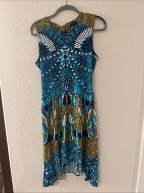 BCBGMaxAzria Blue, Olive & Black Printed Midi Dress